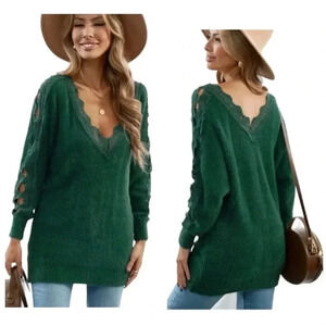HODAMODA | Women Green Lace Splicing V Neck Pullover Sweater Size M